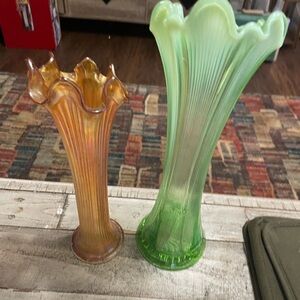 Elegant Green and Amber Glass Vase Set